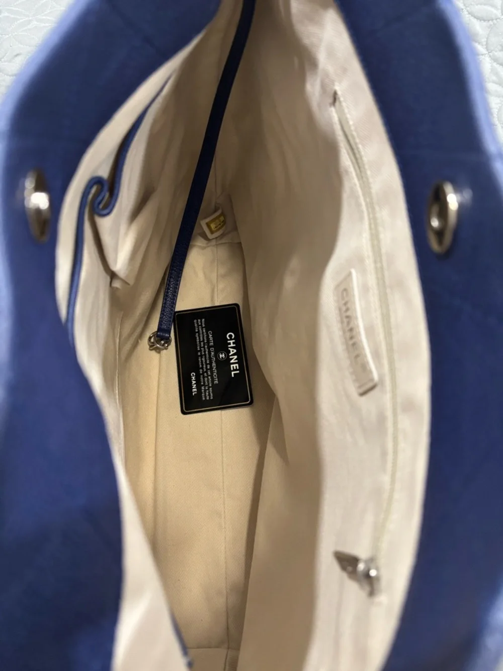 CHANEL Navy Blue Tote with Cream Interior